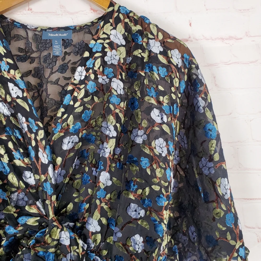 NEW Modcloth Dramatic Depths Velvet Dress Sz L Black Floral $119 Sheath Batwing